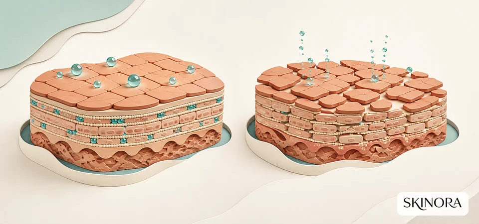 Intact and compromised skin barrier models showing retained and escaping moisture