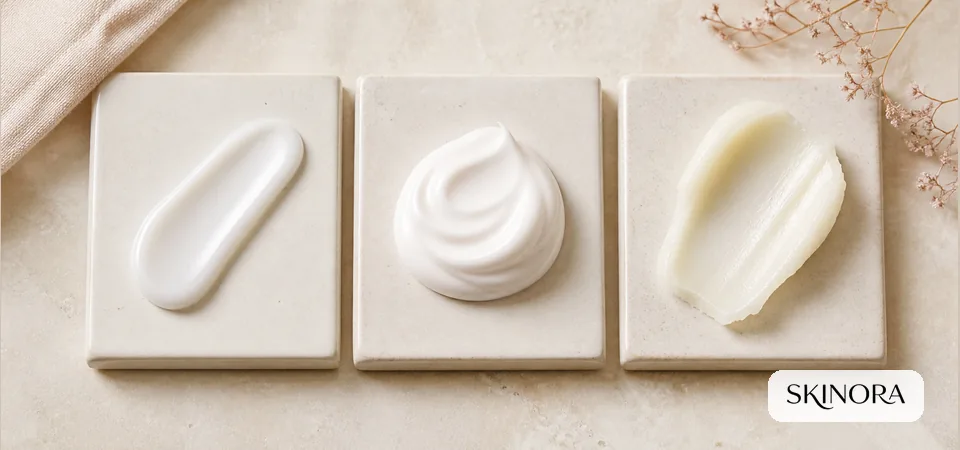 Light lotion, medium cream and rich balm textures on ceramic tiles