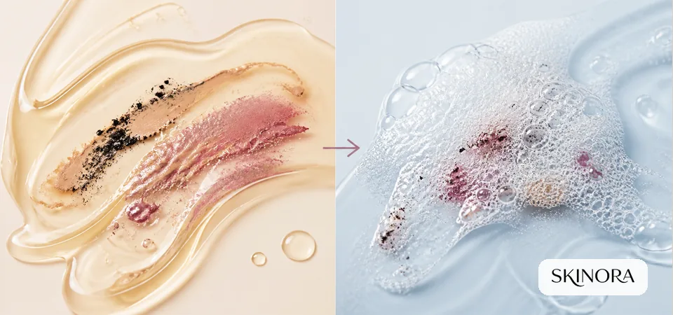 Oil-compatible cleanser dissolving makeup followed by a water-based foaming cleanser