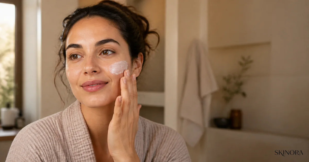 Woman applying rich moisturiser to slightly damp skin in a warm bathroom