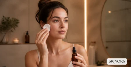 Woman considering a gentle exfoliating step with a cotton pad and serum