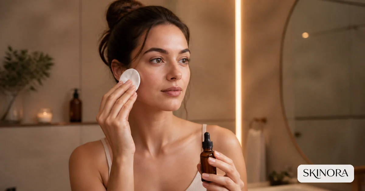 Woman considering a gentle exfoliating step with a cotton pad and serum