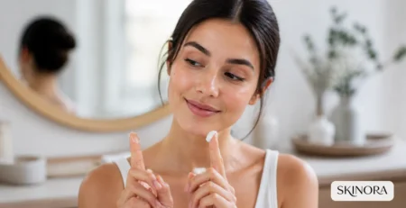 Woman comparing translucent gel and cream moisturiser textures