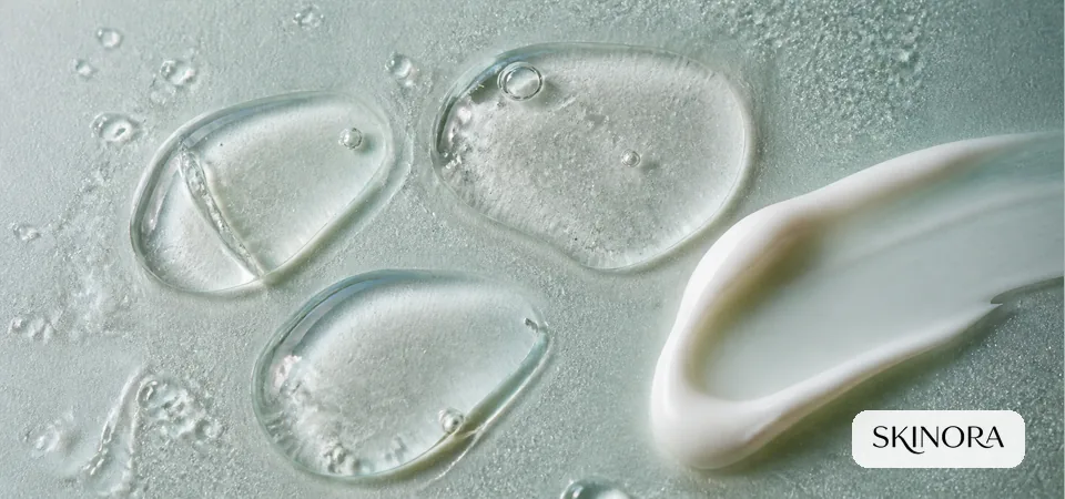 Clear hydrating serum drops beside a moisturiser texture on a damp surface