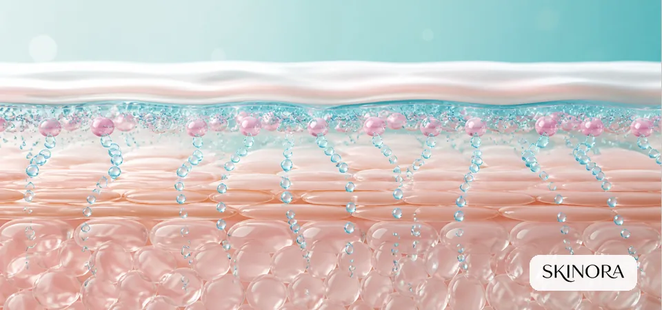 Water-binding droplets and a moisturising layer shown across a hydrated skin model