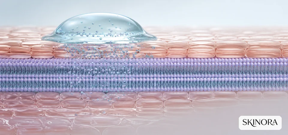 Niacinamide serum dispersing into an orderly hydrated skin barrier