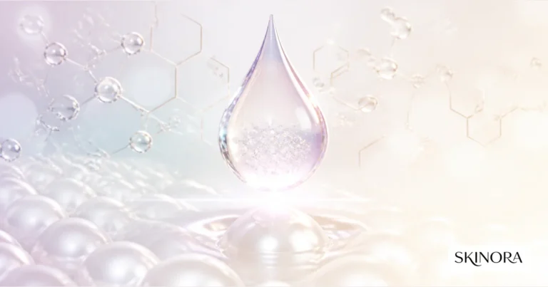 Luminous skincare serum droplet with a molecular-inspired background