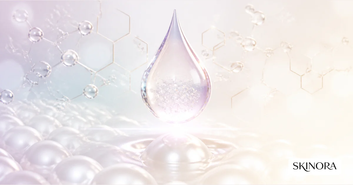 Luminous skincare serum droplet with a molecular-inspired background
