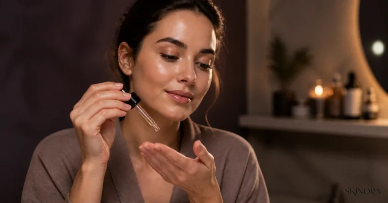 Woman preparing an evening serum routine with an unbranded dropper
