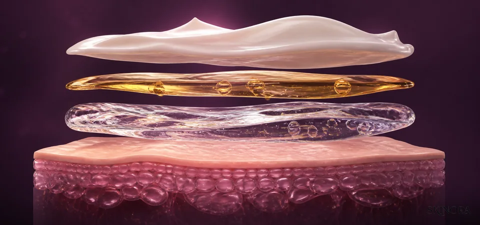 Text-free illustration of watery serum, oil and cream layers above skin