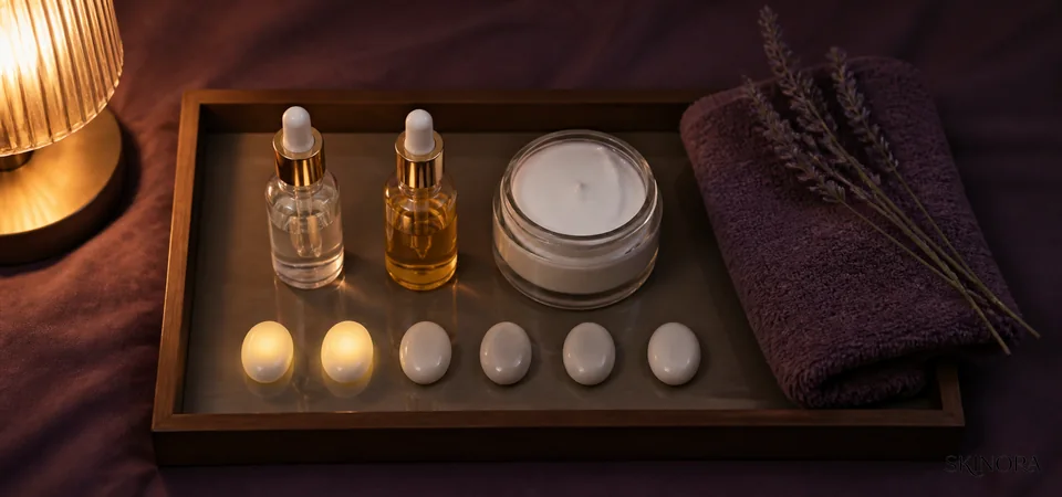 Evening skincare tray using two illuminated stones to suggest a gentle weekly retinol schedule