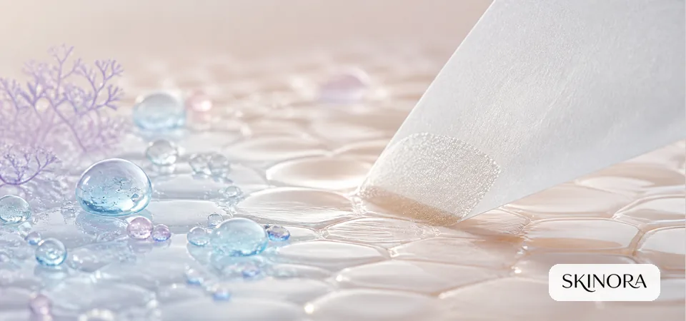 Blotting paper lifting excess shine while water-gel hydration remains on the skin surface