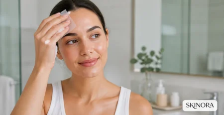 Woman gently blotting forehead shine during an oily-skin routine