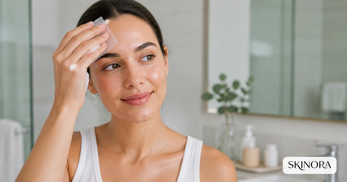 Woman gently blotting forehead shine during an oily-skin routine