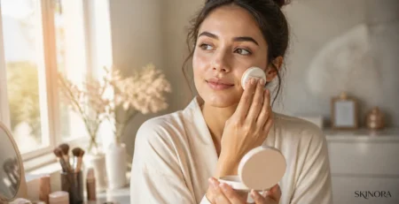 Woman pressing a clean sunscreen cushion over natural makeup