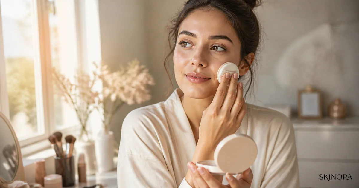 Woman pressing a clean sunscreen cushion over natural makeup