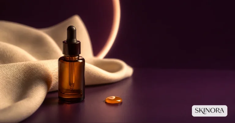 Amber retinol serum bottle in a refined evening skincare setting