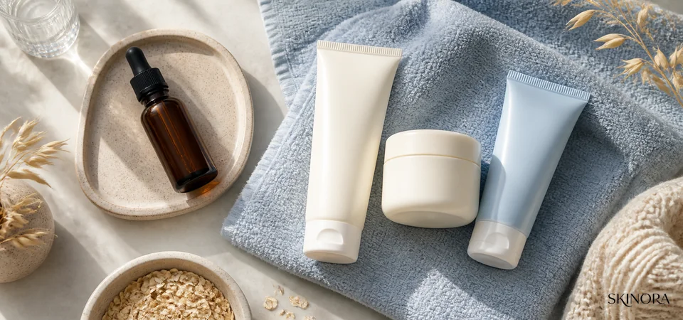 Calm recovery routine with paused retinol gentle cleanser moisturiser and daytime sunscreen