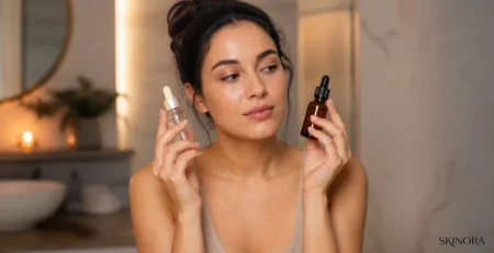 Woman comparing two unbranded skincare serums in a warm editorial bathroom