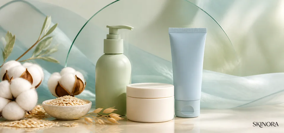 Minimal sensitive-skin routine with cleanser moisturiser and sunscreen in distinct neutral forms