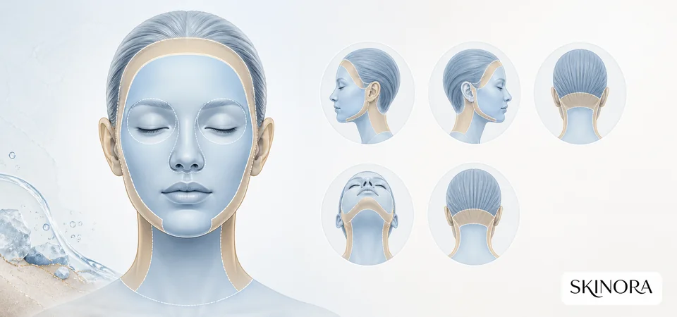 Sunscreen coverage zones across the face, ears, hairline, jaw and neck