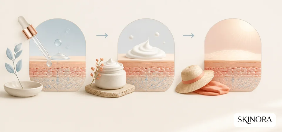 Serum, moisturizer and sunscreen shown as a three-stage morning layering sequence
