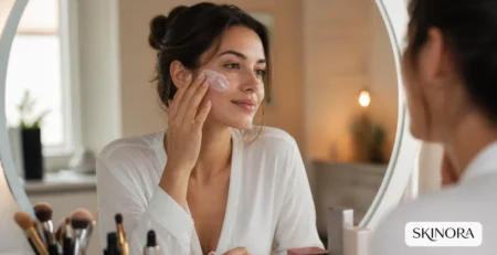 Woman applying sunscreen evenly at a makeup vanity