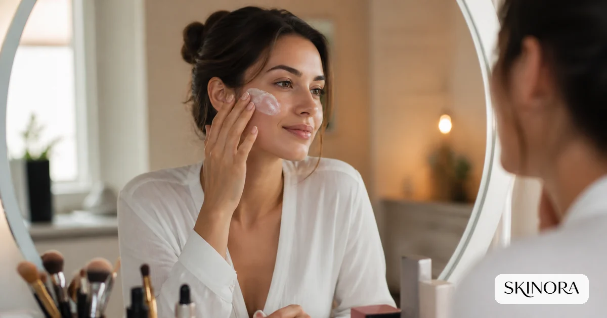 Woman applying sunscreen evenly at a makeup vanity