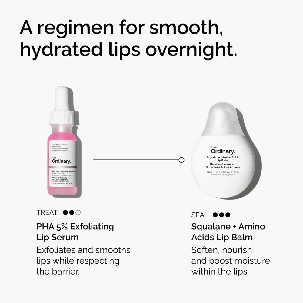 The Ordinary PHA 5% Exfoliating Lip Serum и бальзам Squalane + Amino Acids Lip Balm