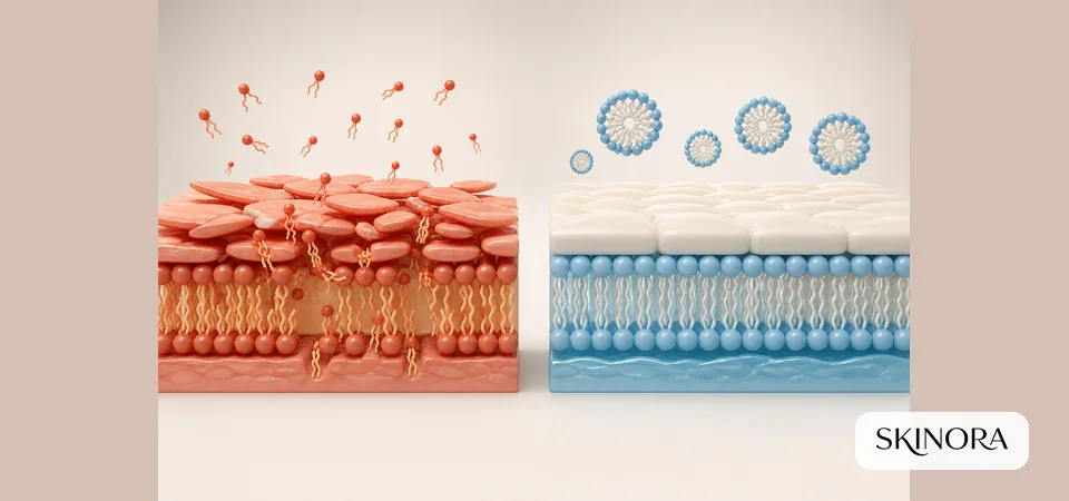 Comparison of a harsh cleanser disturbing the skin surface and a mild cleanser preserving it