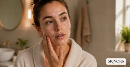 Woman gently touching clean damp skin after cleansing in a warm bathroom