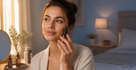 Woman holding an amber vitamin C serum between morning and evening light
