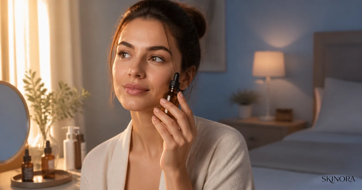 Woman holding an amber vitamin C serum between morning and evening light