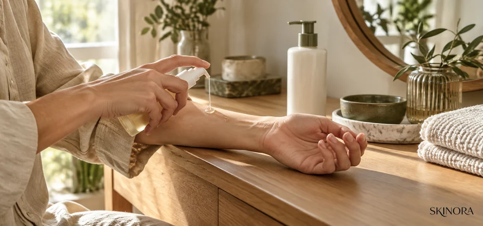 Fully clothed arms applying unbranded body serum before lotion in a warm routine setting