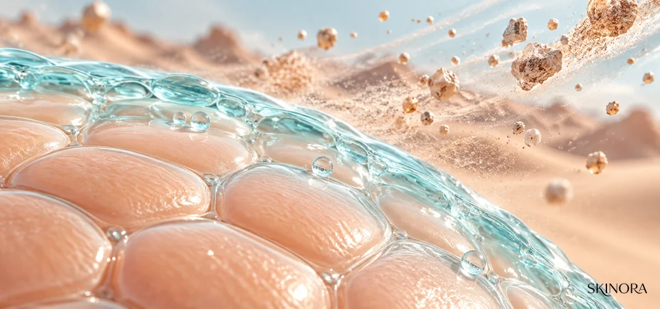 Abstract text-free skin cells protected by a translucent aqua hydration shell from dry mineral particles