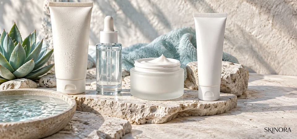 Unbranded cleanser, ectoin serum, moisturiser and sunscreen arranged in a barrier-friendly routine