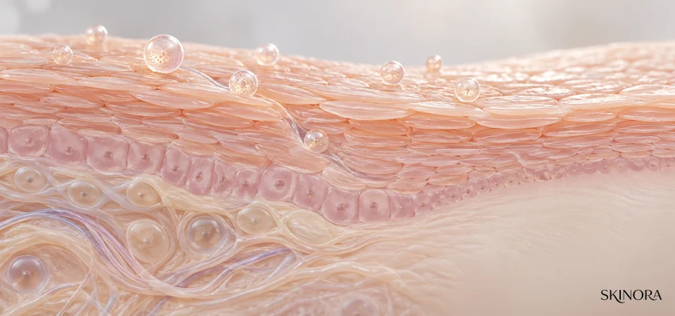 Text-free scientific cutaway showing pearl-like extracellular vesicles at the outer skin barrier