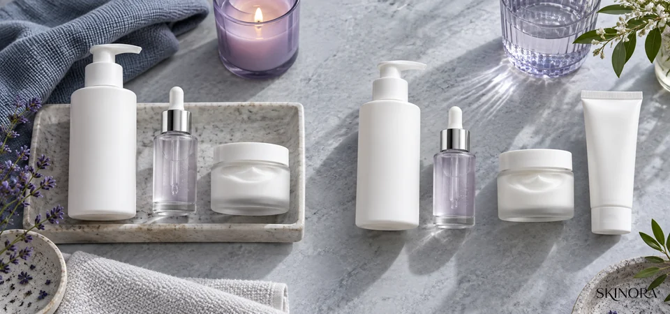 A simple unbranded growth-factor serum routine with cleanser, moisturiser and sunscreen