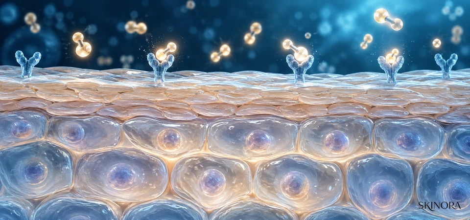 Text-free molecular illustration of cosmetic signal molecules meeting receptor-like structures at the skin surface