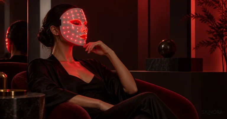 LED face mask red and blue light editorial image by Skinora