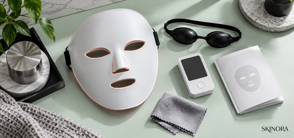 Unbranded LED mask with eye protection, blank timer, instructions and cleaning cloth