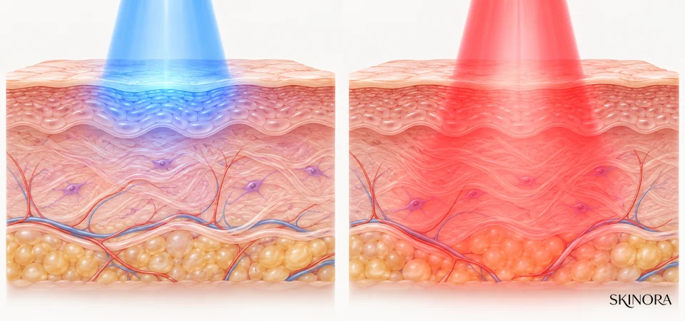 Text-free comparison of blue and red light interacting with simplified skin layers