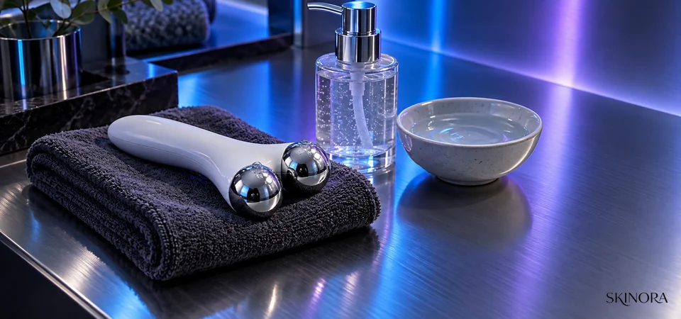 Unbranded two-sphere microcurrent tool, conductive gel and water arranged on a cool metal vanity