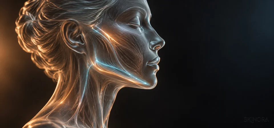 Text-free glass facial profile with subtle luminous pathways along cheek and jaw muscles