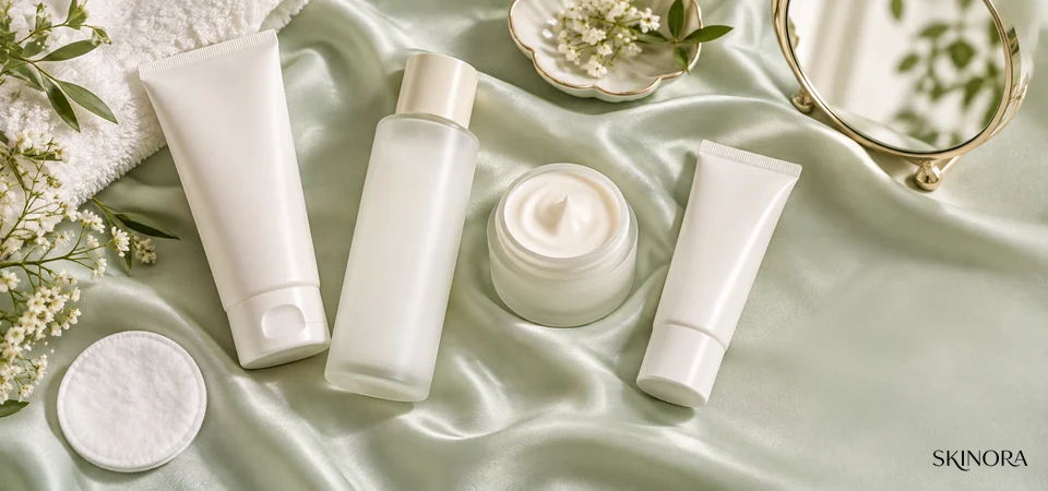 Unbranded cleanser, milky essence, moisturiser and sunscreen arranged in application order