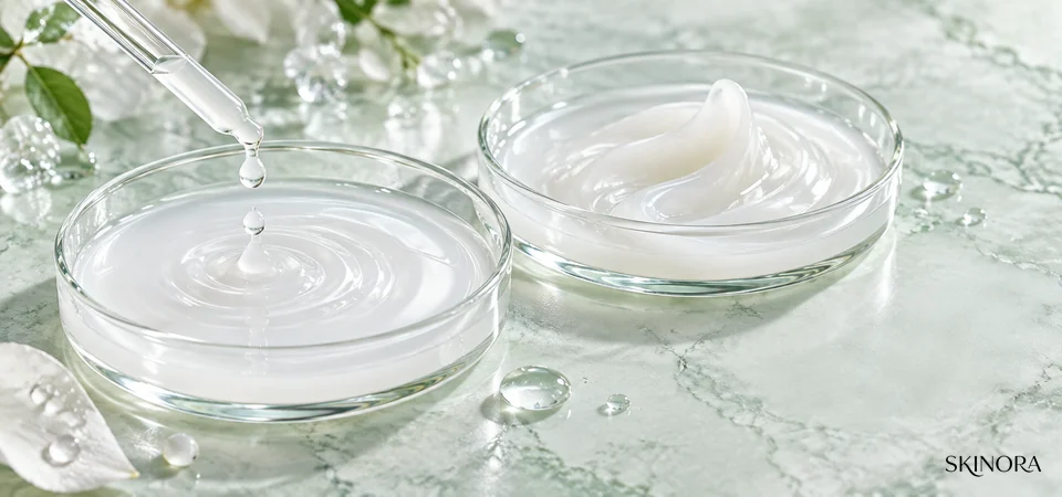 Two text-free glass dishes comparing a fluid milky toner texture with a richer essence texture